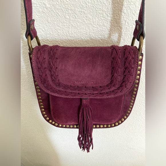Sundance fringe wine burgundy suede studded western adjustable bag crossbody - Picture 4 of 16